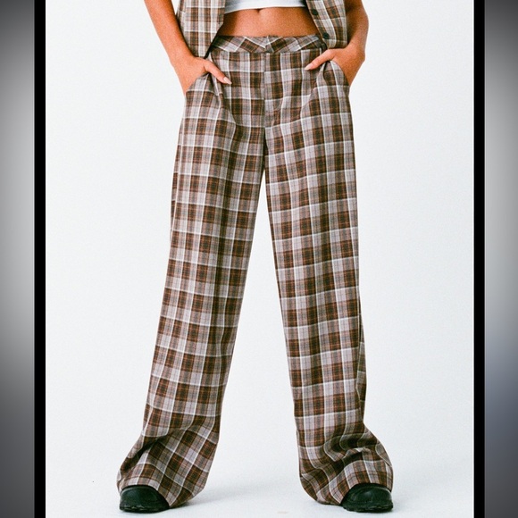 Motel x Olivia Neill Hondra Wide Leg Trouser Tan Check Brown S Pants - Picture 1 of 8